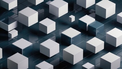 Abstract geometric background featuring white floating cubes and volumetric squares on a dark backdrop. Minimalist design with geometric elements, creating a stylish pattern and texture 