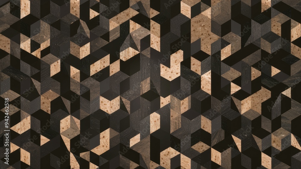 Poster abstract geometric cubes and hexagon mosaic wallpaper with a vintage design featuring black and gray