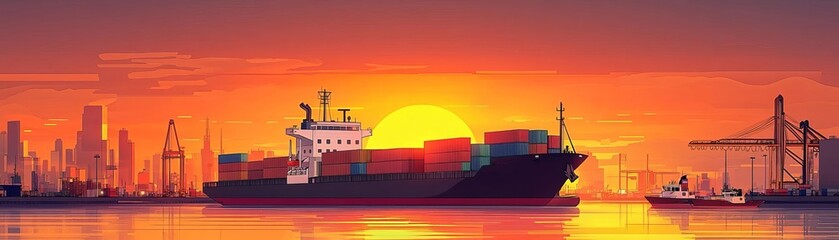 Obraz premium Freight ship, bustling port activity, warm sunset hues, flat design illustration