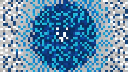  Abstract geometric pattern featuring a blue mosaic of small squares, with a light gray pixel design background.
