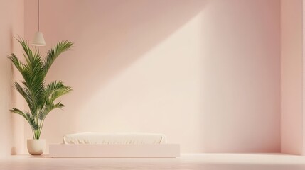 Minimalist Pink Room Interior with Plant and Lamp for Product Display