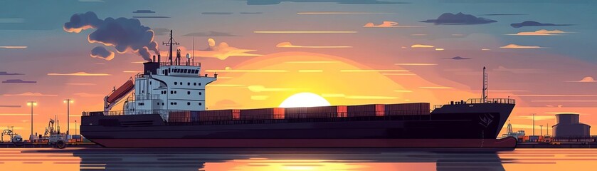 Obraz premium Freight ship, bustling port activity, warm sunset hues, flat design illustration