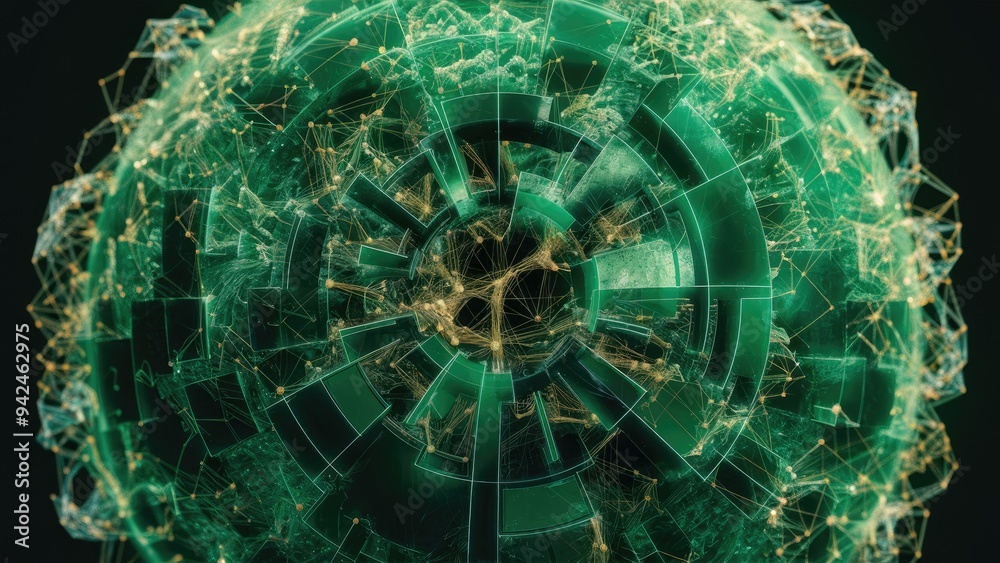 Poster abstract green sphere featuring interconnected dots and lines. network visualization concept. wirefr