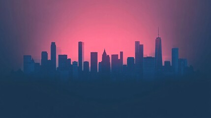 Fototapeta premium Silhouette of a modern city skyline at dusk with a vibrant pink and blue gradient sky.