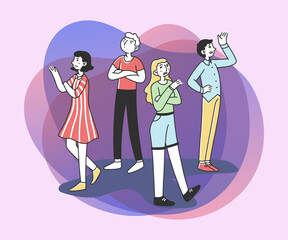 Selfish young people with arrogant and angry behavior flat vector illustration. Characters standing lonely in pride. Society and communication problem concept.