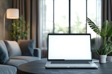 Fototapeta premium Workspace with white screen laptop mockup and copy space on table with blurred living room background with generative ai