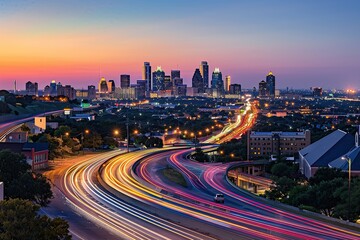 Fototapeta premium A panoramic view of the Texas city skyline at dusk, with streaks of light from cars and buildings