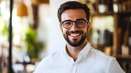 Obraz premium minimalist male portrait, handsome man wearing glasses smiling gently