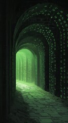 Obraz premium Green Glowing Tunnel Illuminated with Mysterious Light in Dark Underground Passage