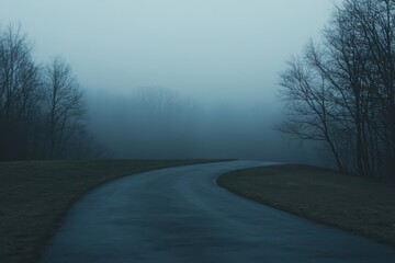 Obraz premium Mysterious curved road winding through foggy leafless winter forest
