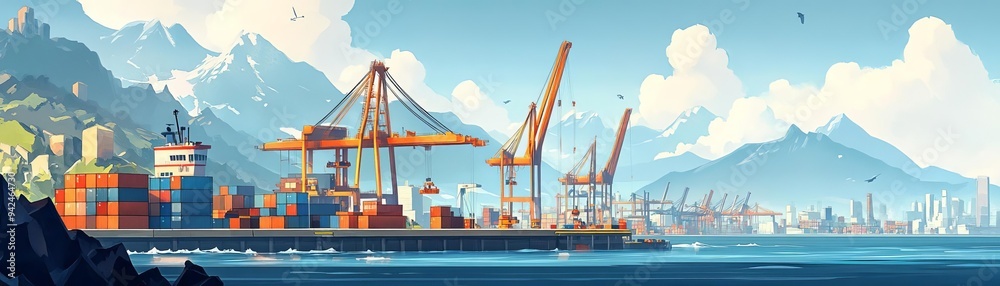 Wall mural colorful cargo cranes loading containers at a bustling port.