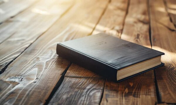A black hardcover book closed on a rustic wooden table