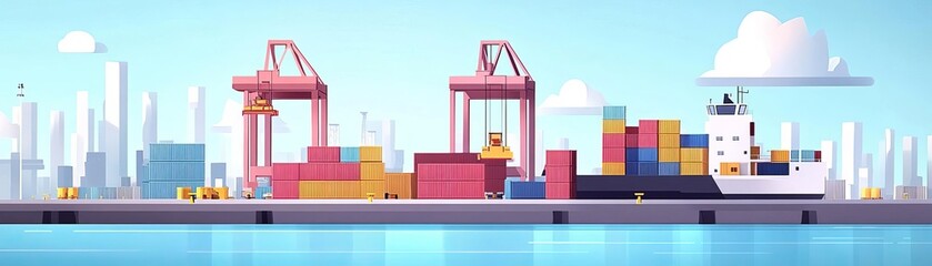 Fototapeta premium Cargo ship at the dock with cranes loading containers.