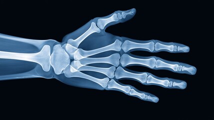 Fototapeta premium X-Ray Hand: A striking medical image of a human hand in an X-ray, revealing the intricate network of bones and joints. A compelling visual for healthcare, anatomy, and medical research. 