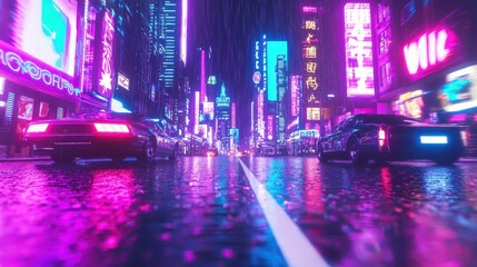 Neon Cityscape with Cars and Rain at Night