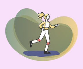 Young sportswoman running marathon flat vector illustration. Happy female character going in for sports. Lifestyle and sport concept