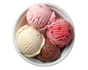A bowl containing four scoops of colorful ice cream.