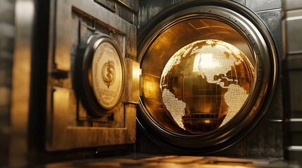 3D Rendering of a Golden Globe Inside an Open Bank Vault, Featuring Prominent Currency Symbols on Its Surface, Representing the Security and Storage of Global Wealth