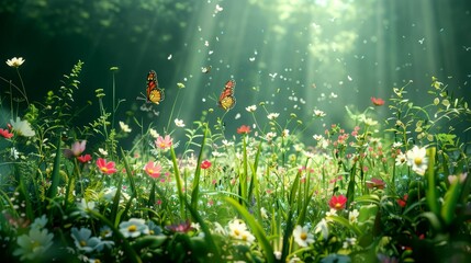 Sunlit Meadow with Butterflies and Blooming Flowers