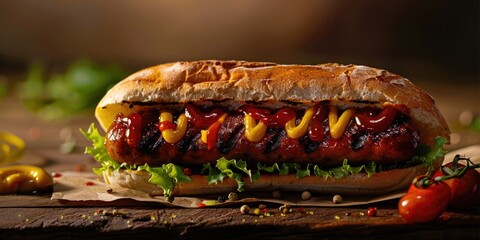 Grilled Sausage Sub with Tomato Sauce and Yellow Mustard