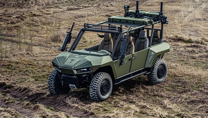 Fototapeta premium A military electric vehicle with four seats and two gun turrets on the roof, parked in an open field for shooting practice. The machine has olive green bodywork and is equipped with weapons including 