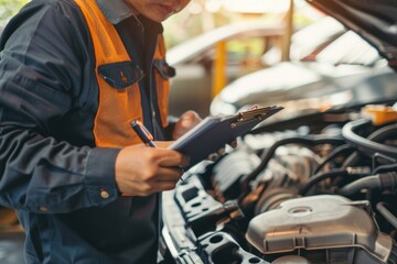 Closeup car repairman writing job checklist on clipboard and standing in front of open car engine