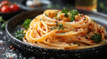 Close-Up of a Plate of Spaghetti with Chili Flakes and Parsley