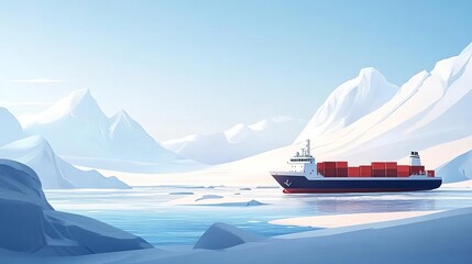 Cargo ship sailing in icy waters surrounded by snow-capped mountains.