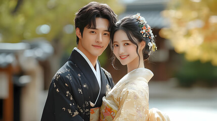 A young couple in traditional Korean hanbok attire smiling at the camera.