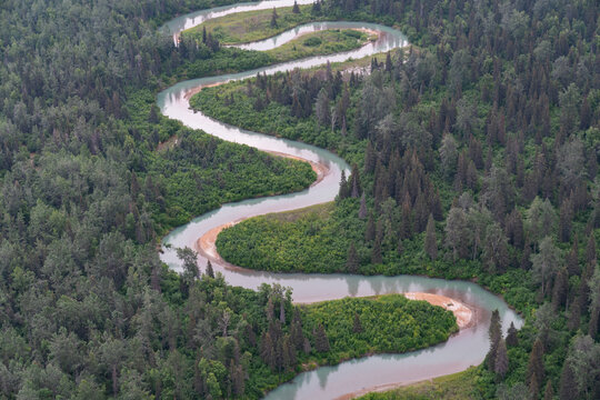 Aerial view of meandering river landscape in Alaska wilderness