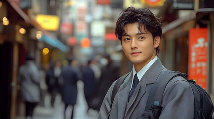 Fototapeta premium A young man in a suit and tie looks thoughtfully into the camera as he walks through a busy city street.