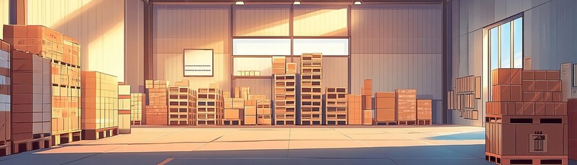 Empty warehouse with wooden pallets and crates