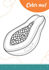 Coloring page for kids with cartoon half papaya fruit. A printable worksheet, vector illustration.

