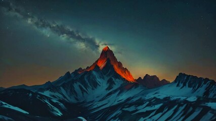 Landscape with mountains and glowing mountaintop and the sky full of stars galaxy in the background at night Generative AI