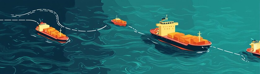 Cargo ships sail across the ocean.