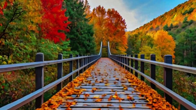 Bridge in autumn forest park, steel and wooden bridge covered with autumn leaves through the woods or jungle safari park in vibrant spring colors Generative AI