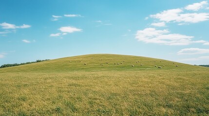 Obraz premium Sheep Grazing on a Green Hill Under a Blue Sky