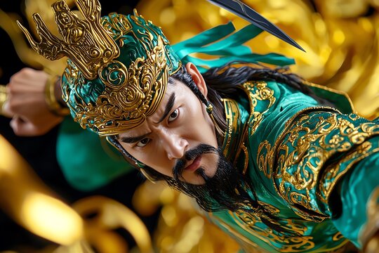 A detailed portrayal of a warrior in ornate costume, showcasing elegance and strength, perfect for cultural and historical themes.