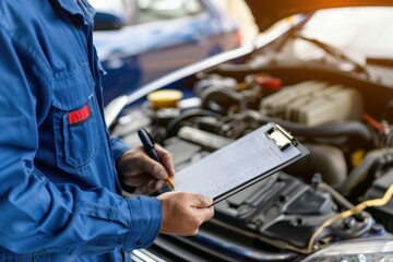 Closeup car repairman writing job checklist on clipboard and standing in front of open car engine