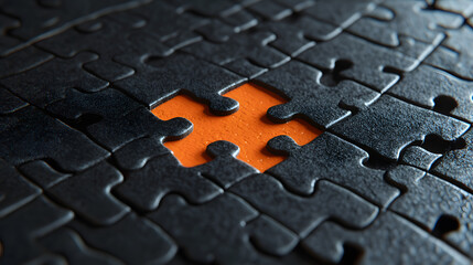 A single orange puzzle piece standing out amidst a sea of black puzzle pieces. It symbolizes individuality and uniqueness.