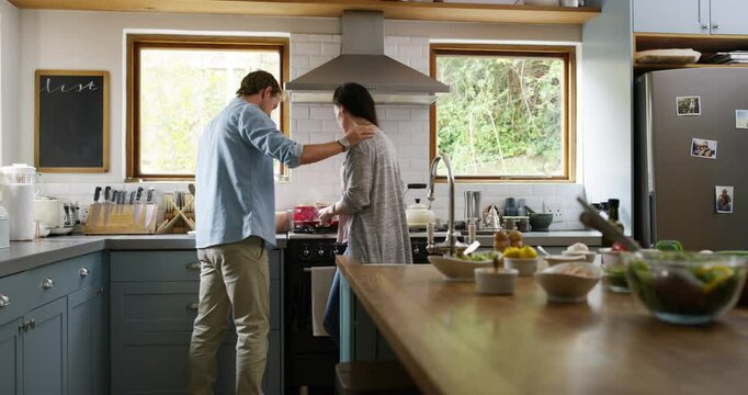Couple, kitchen stove and cooking food for lunch, taste test and smile with okay sign, nutrition and happy together. Man, woman and hungry in home, weekend and bond for meal, eating and marriage