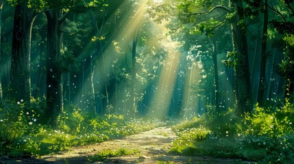 Obraz premium Sunbeams Illuminate a Path Through a Lush, Forested Landscape