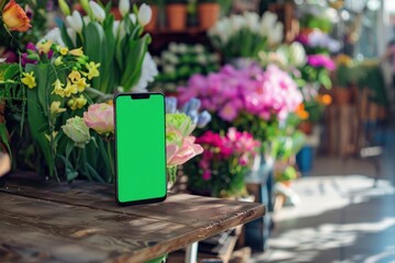 hand holds smartphone with blank green screen in flower shop background
