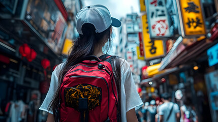 A young woman with a red backpack walks through a busy city street, looking towards the bright signs.