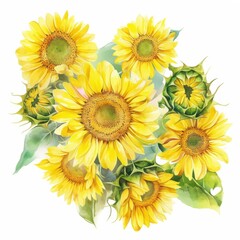 watercolor painting of a bright and cheerful sunflower bouquet, on isolated white background