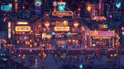 Pixelated Cityscape with Neon Lights and People at Night