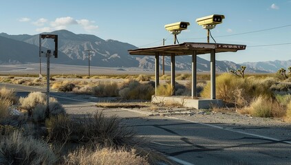 A photo of an abandoned rest stop with two LED cameras on top