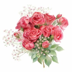 watercolor painting of a classic bouquet of red roses and baby&rsquo;s breath, on isolated white background