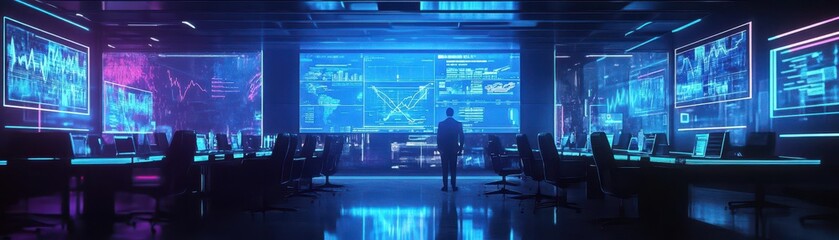 A futuristic boardroom with holographic financial graphs floating in midair, executives strategizing a complex merger, Cyberpunk, Neon lights, Digital rendering