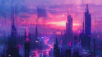 Fototapeta premium Futuristic City Skyline at Sunset.